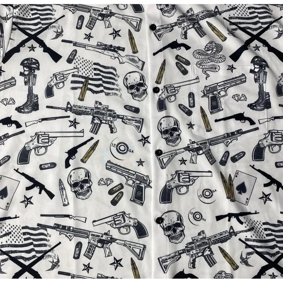 Funny Guy Mugs Gun Skull Print Shirt XXL White Graphic Button Up Men's Top - Picture 4 of 12